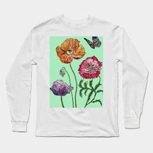 Pretty Poppies Watercolor on Mint Green Long Sleeve T-Shirt